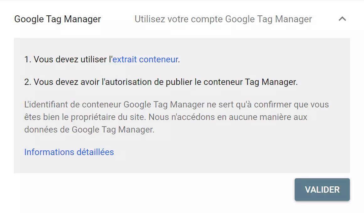 Validation de propriété par compte Google Tag Manager