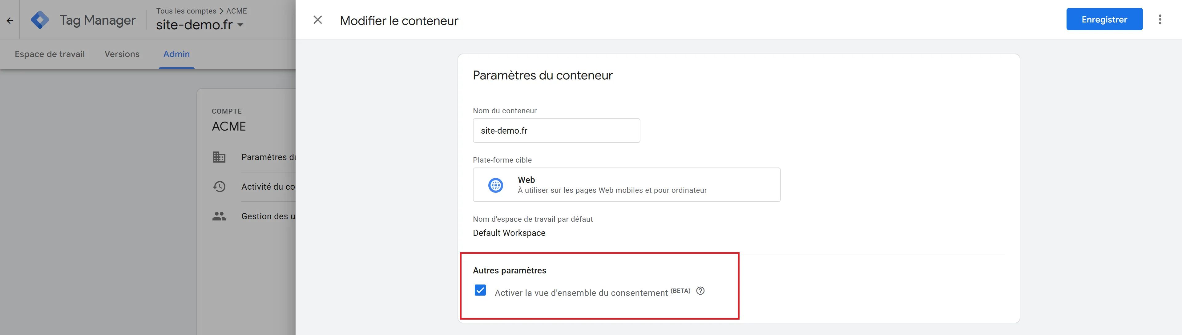Activation du consent mode depuis l'administration du conteneur GTM