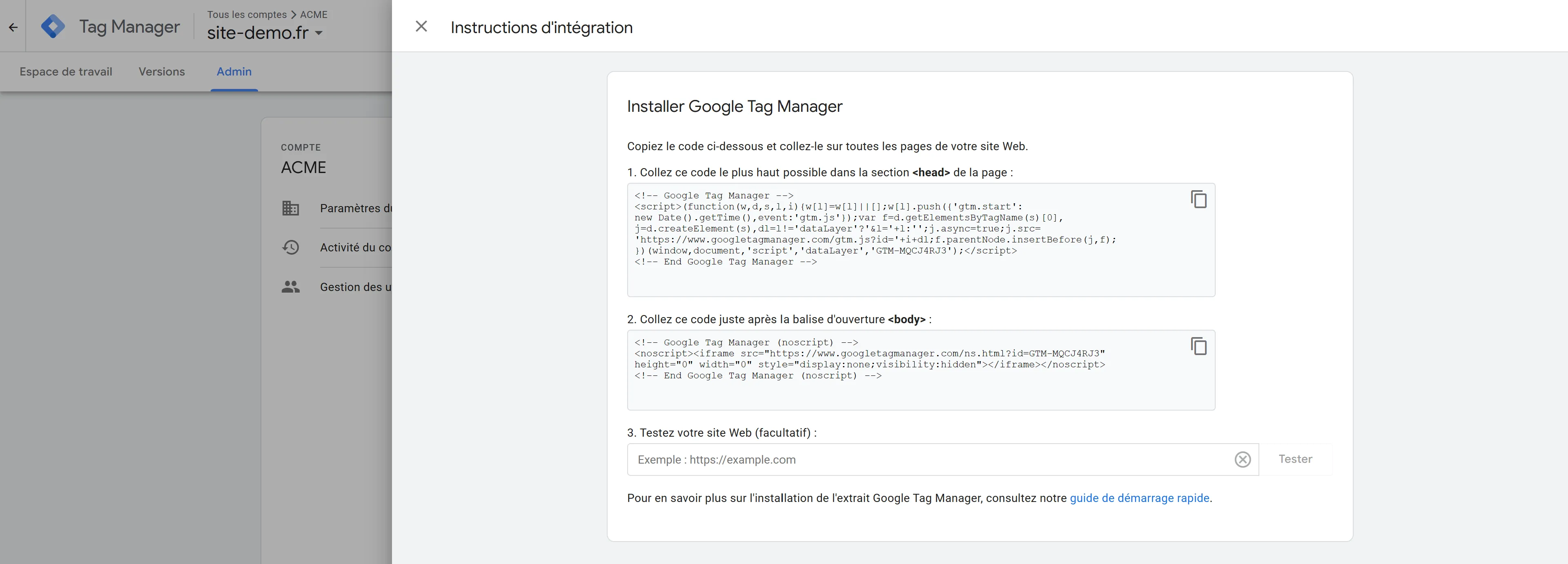 Localiser l'extrait de code de GTM