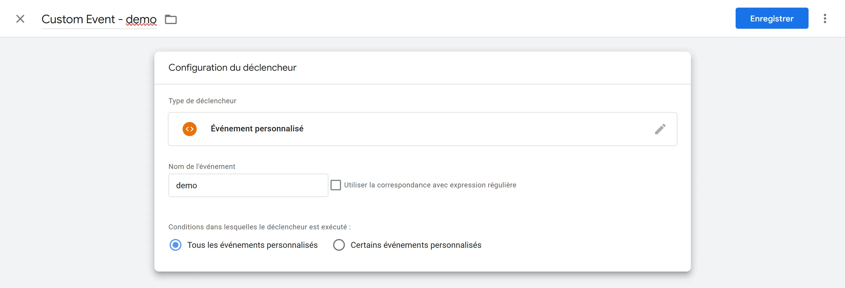 Configuration d'un déclencheur Custom Event de dataLayer