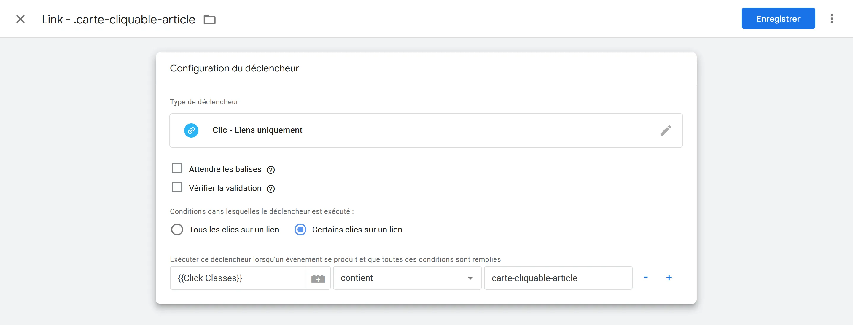 Configuration d'un déclencheur de clic sur des liens