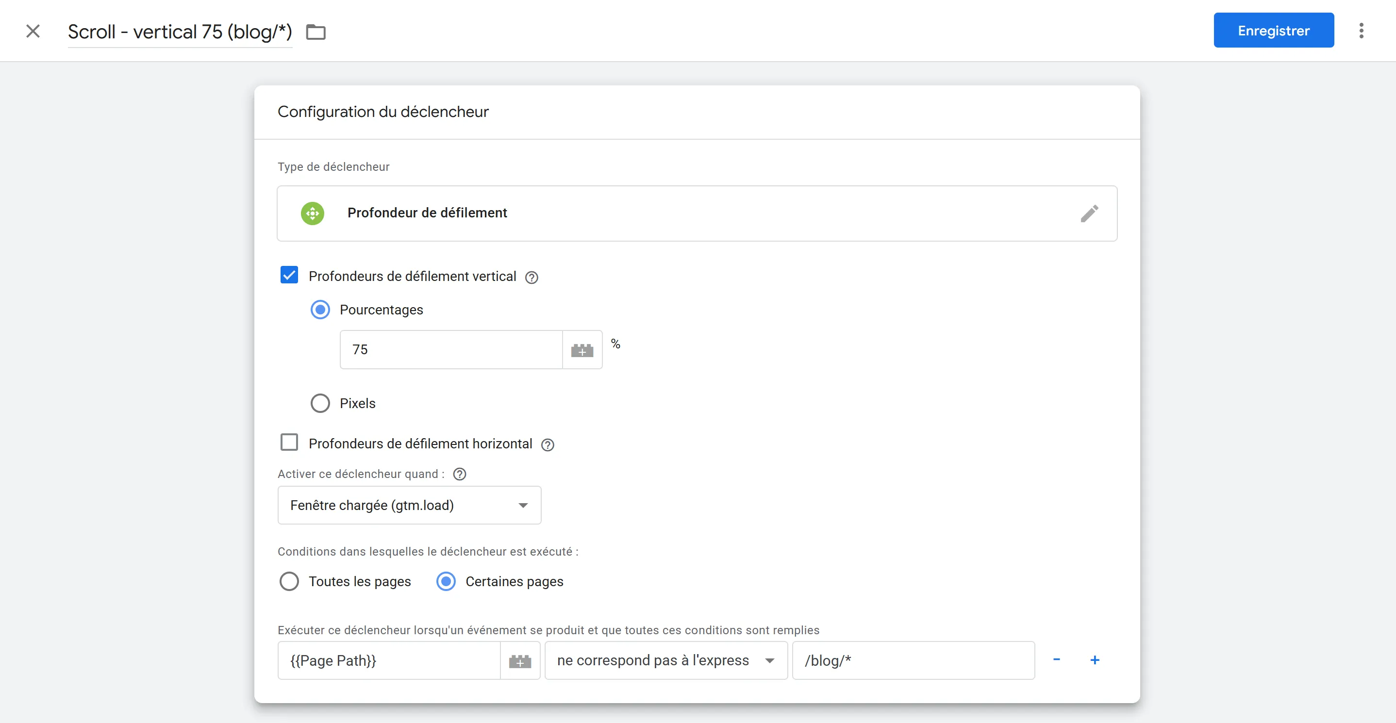 Configuration d'un déclencheur de scroll
