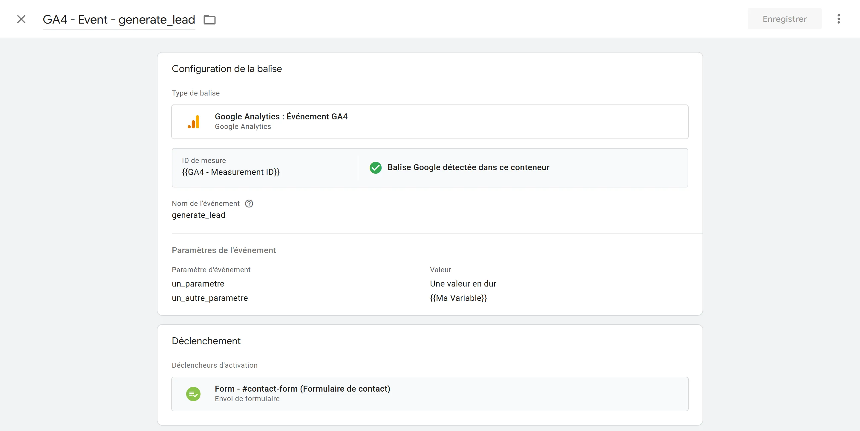 Configuration complète d'une balise GA4 avec conventions appliquées