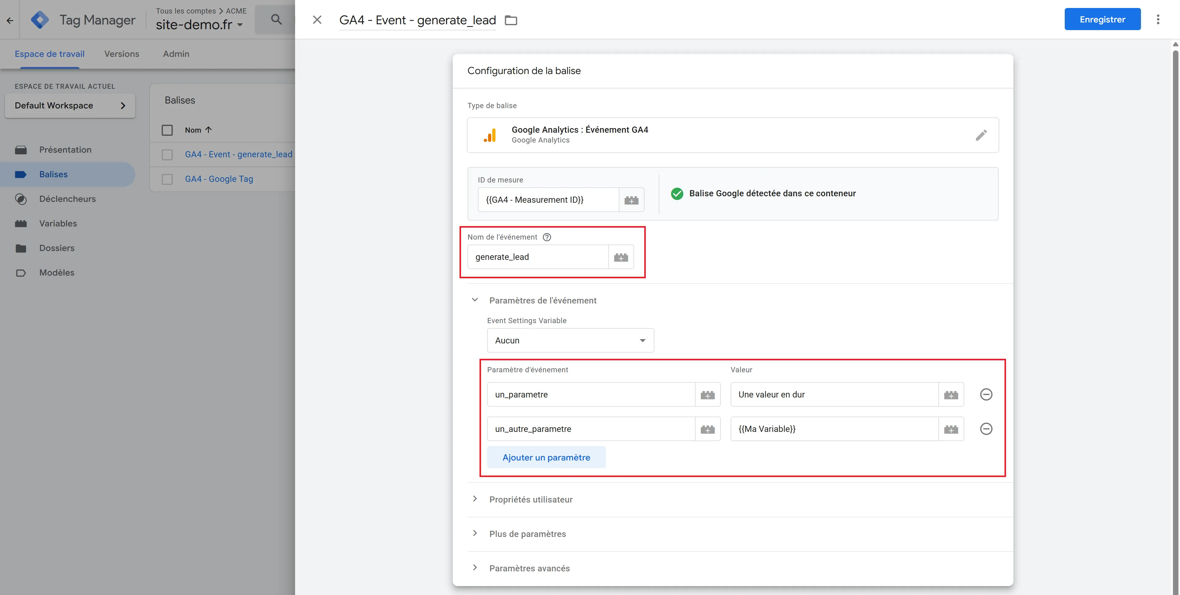 Configuration du nom et des paramètres de l'événement GA4 dans GTM