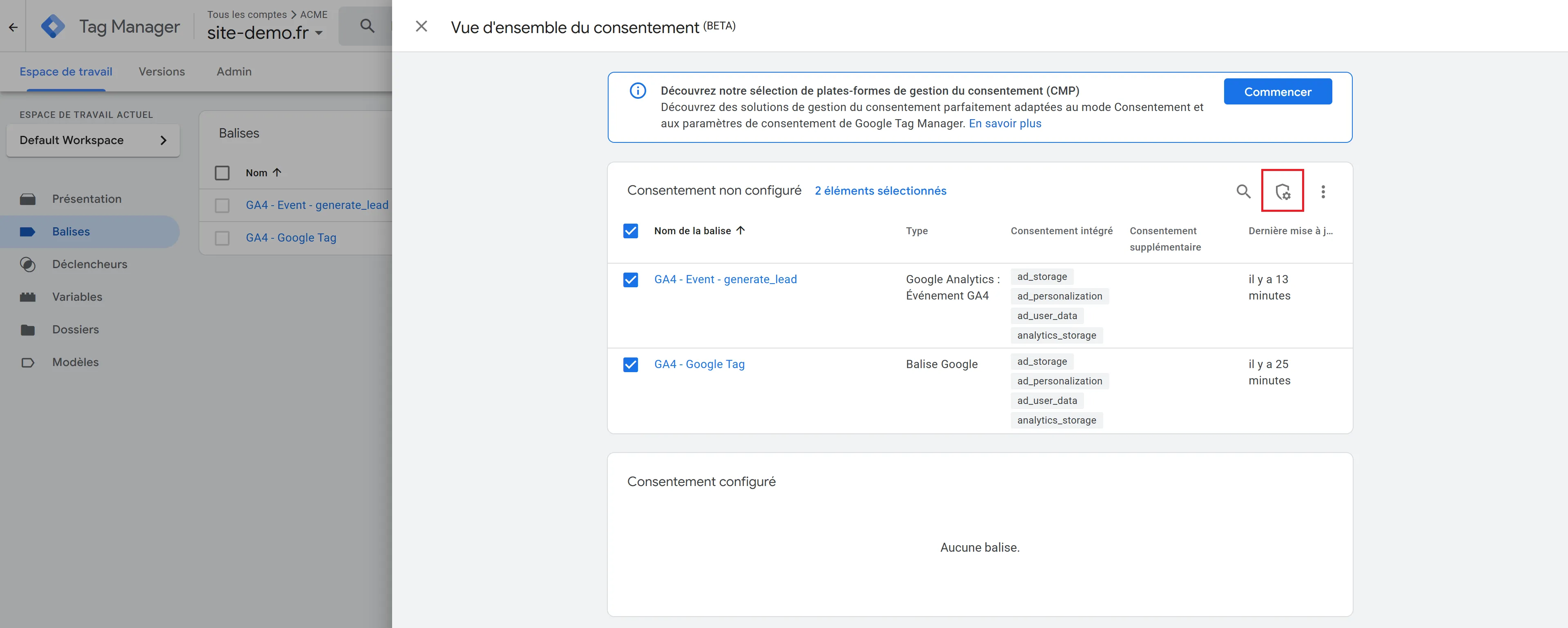 Accès aux réglages du consent mode