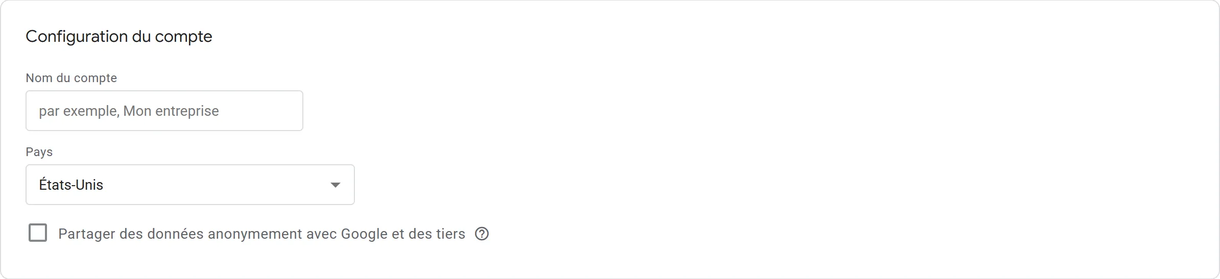 Formulaire de création d'un compte GTM