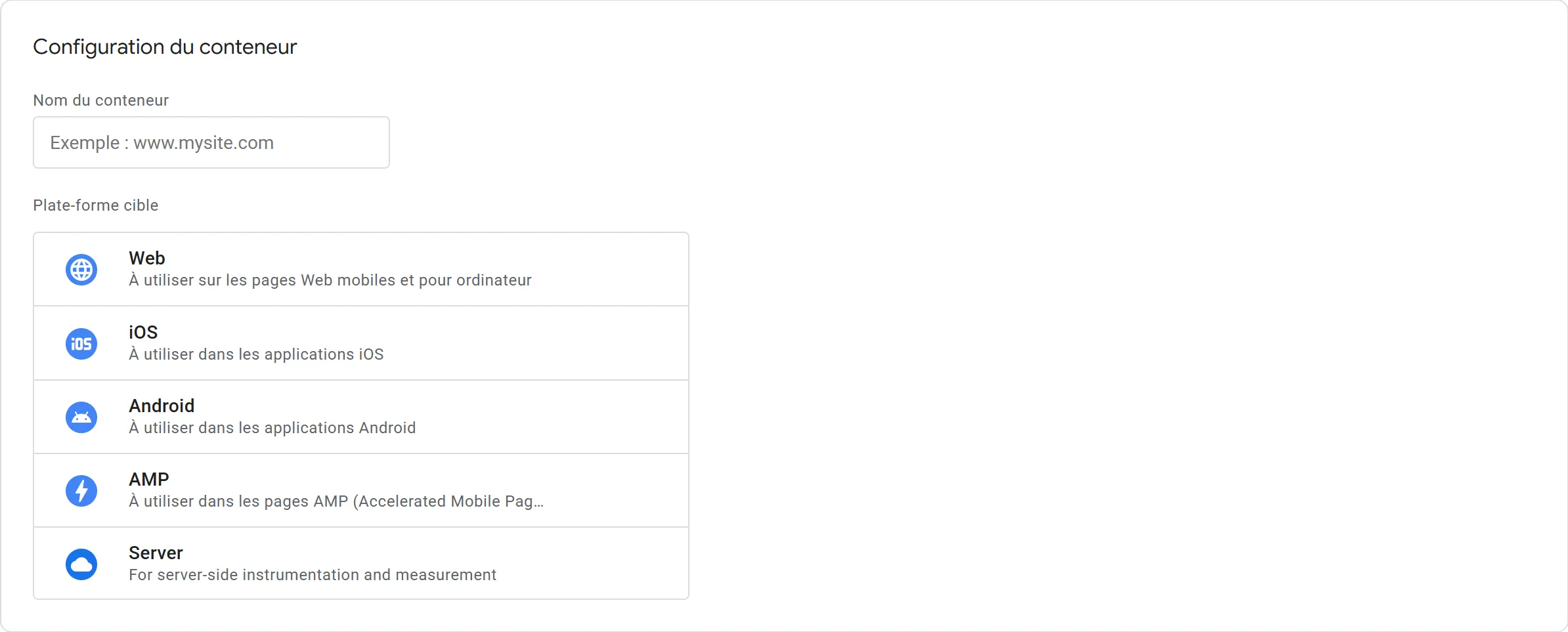 Formulaire de création d'un conteneur GTM