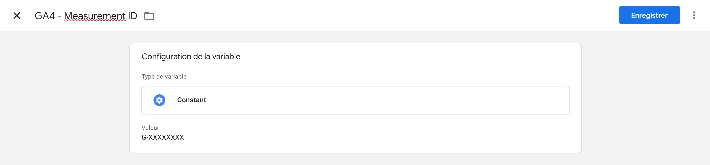 Création d'une variable de type constante pour l'identifiant de flux Google Analytics