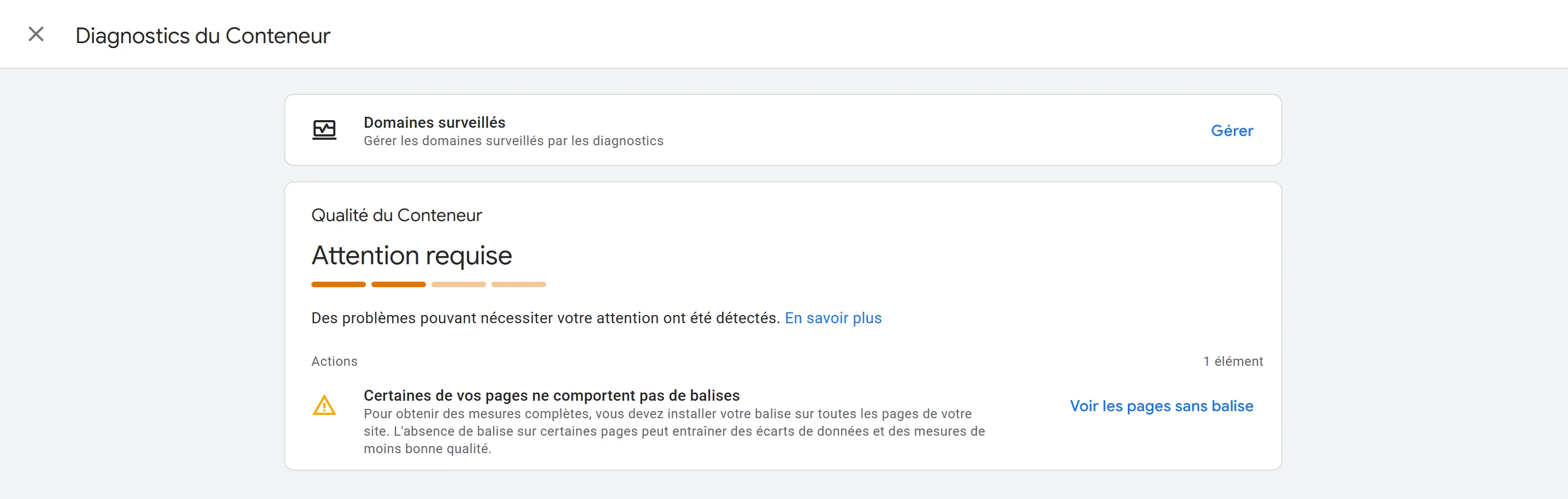 Affichage du détail de qualité du conteneur GTM