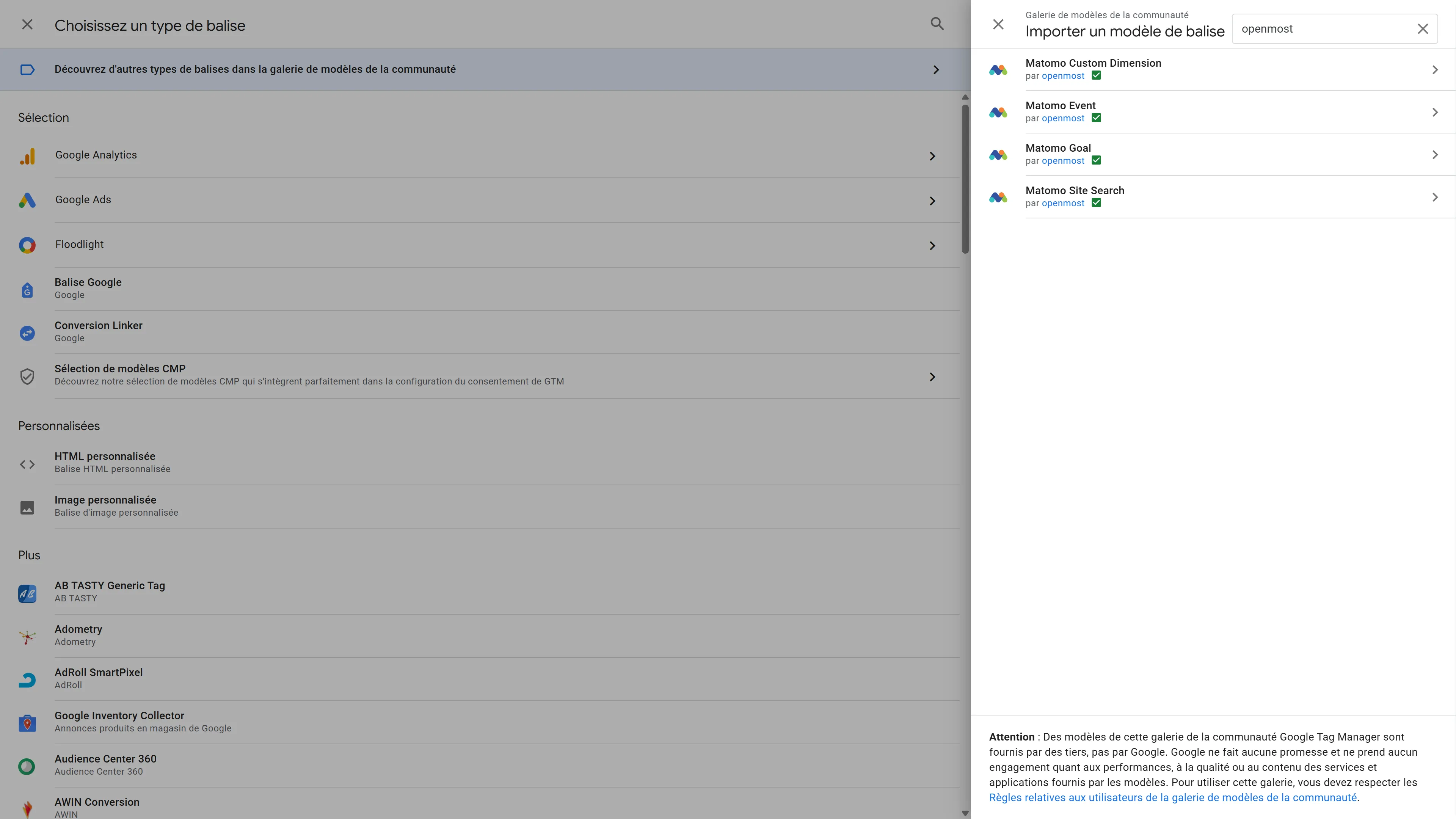 Affichage des balises communautaires sur la marketplace de GTM