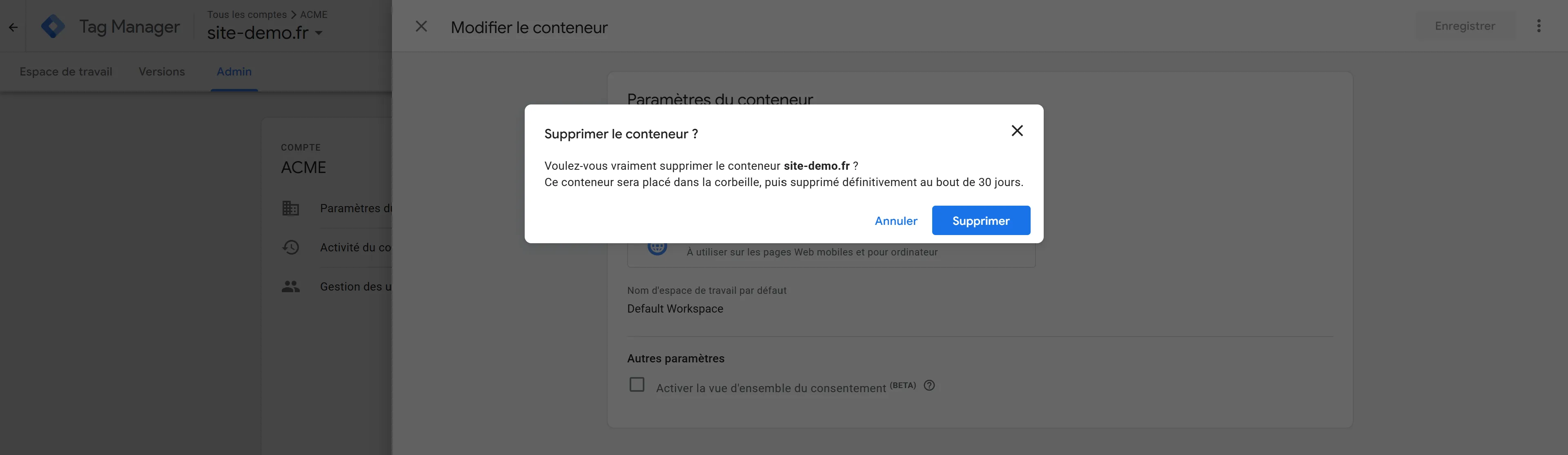 Popup de suppression de conteneur GTM