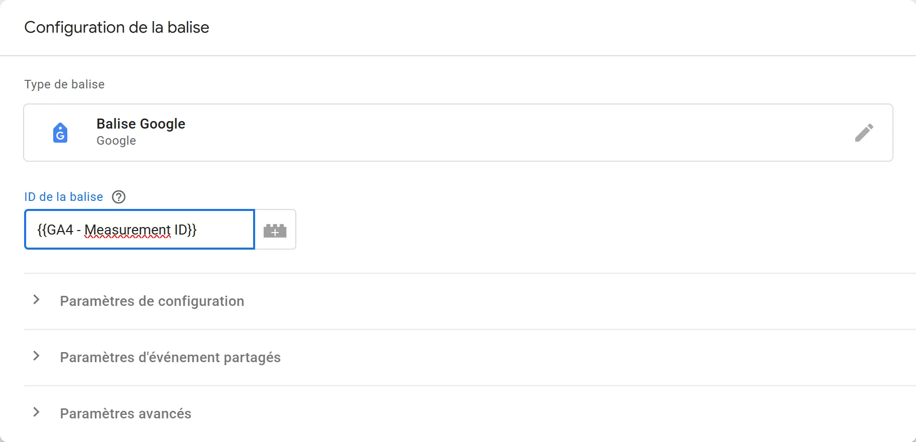 Listes des variables dans une configuration de balise