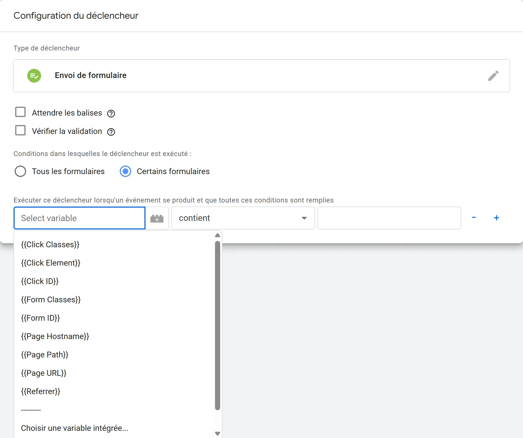 Listes des variables dans une configuration de déclencheurs