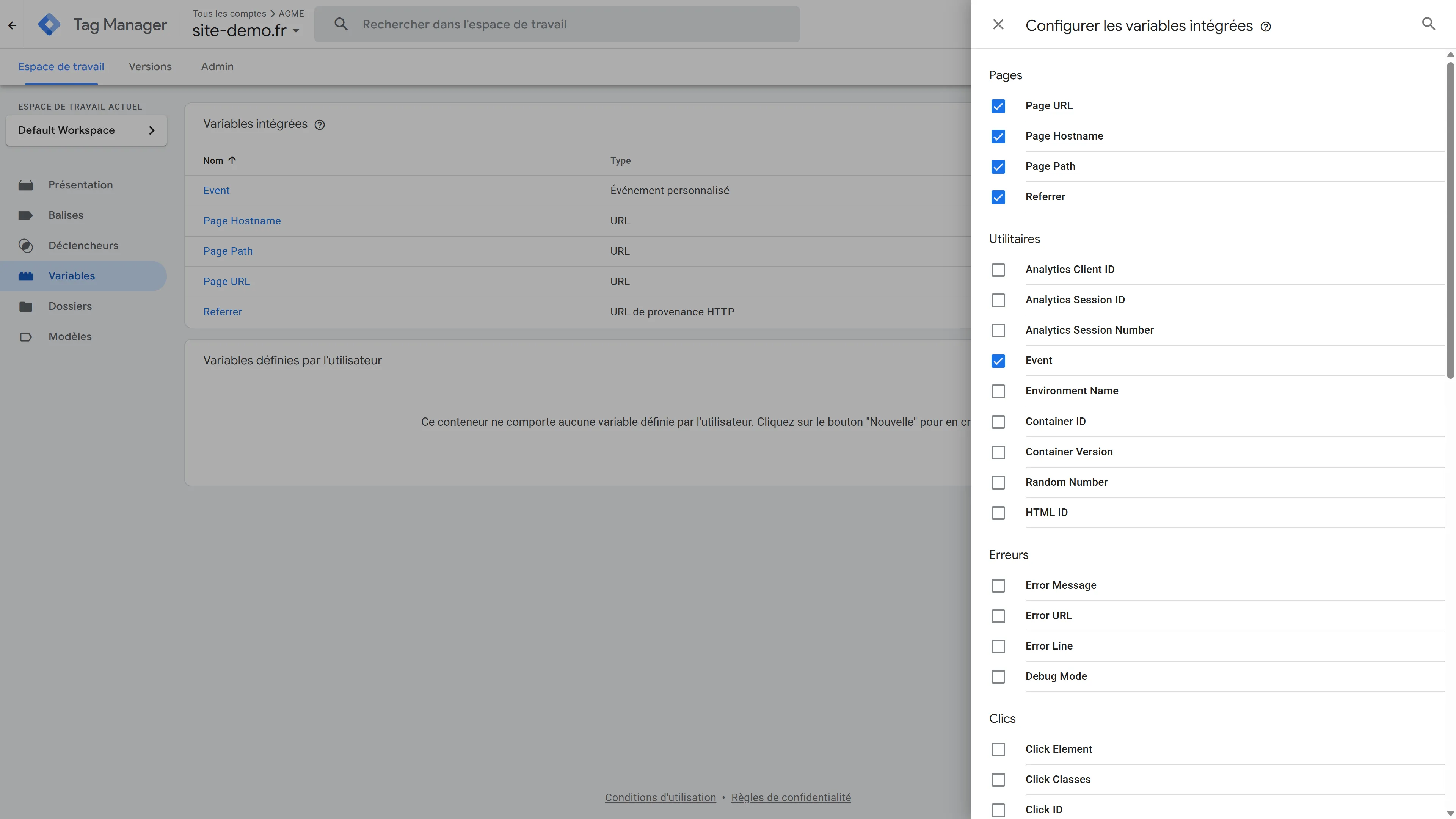 Listes des variables intégrées
